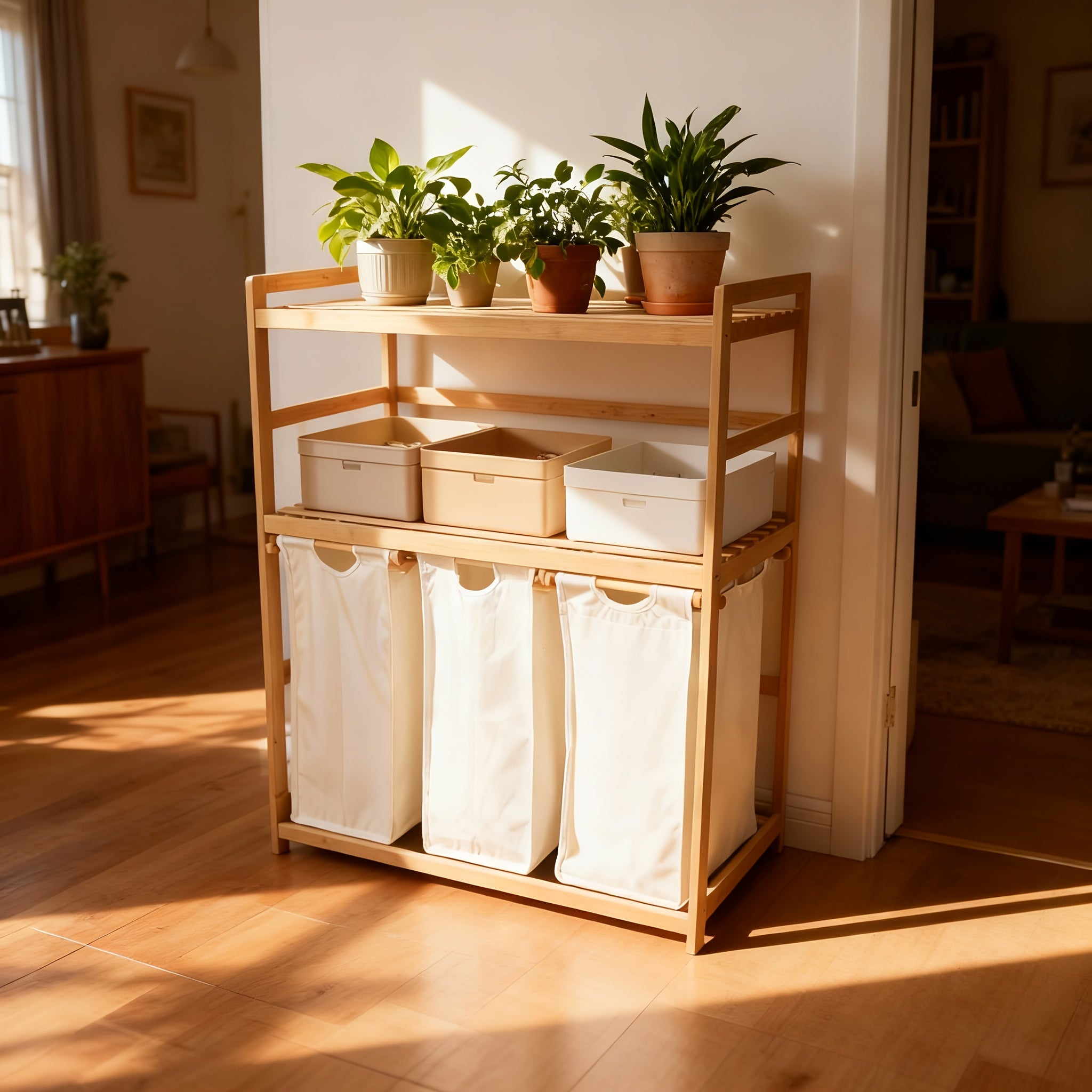 Laundry Baskets, 2 Shelves, Extendable Laundry Bags, Bamboo Laundry Boxes