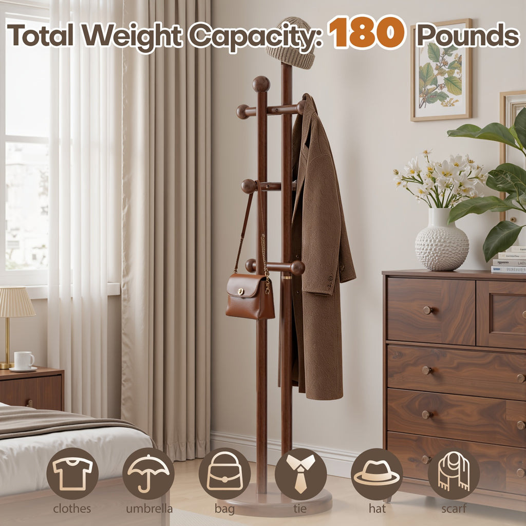 Solid Wood Coat Rack Freestanding | Coat Tree Rack with 2 Main Rods
