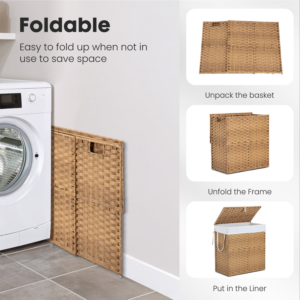 MCQ Sturdy & Stylish Laundry Hamper – Large Capacity Collapsible Rattan Storage Box with Lid Handles
