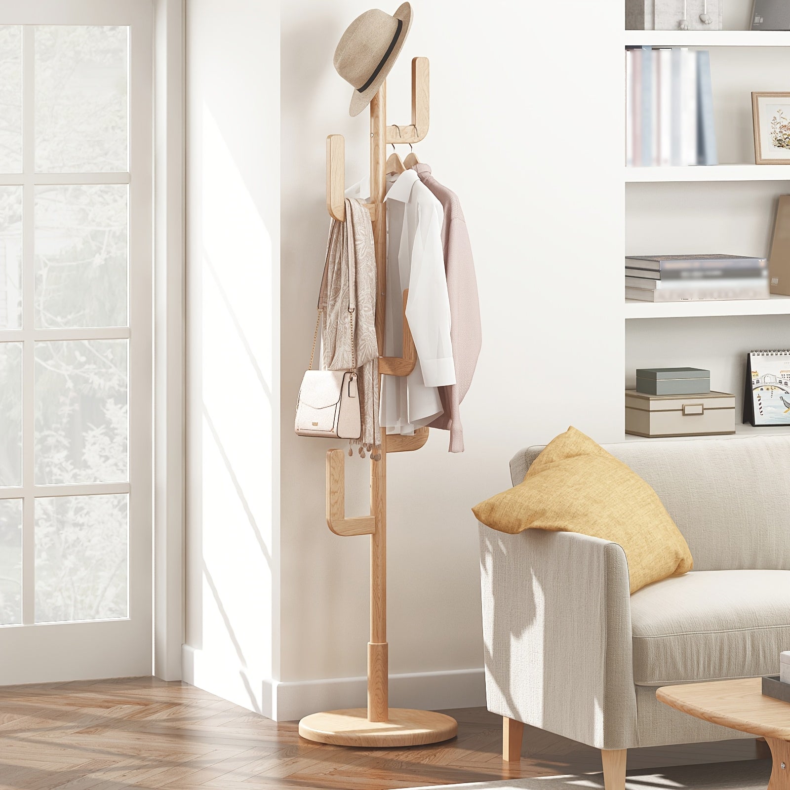 Solid Wood Cactus Coat Rack Stand | Freestanding Coat Rack with 1.59 gal-shaped Hooks