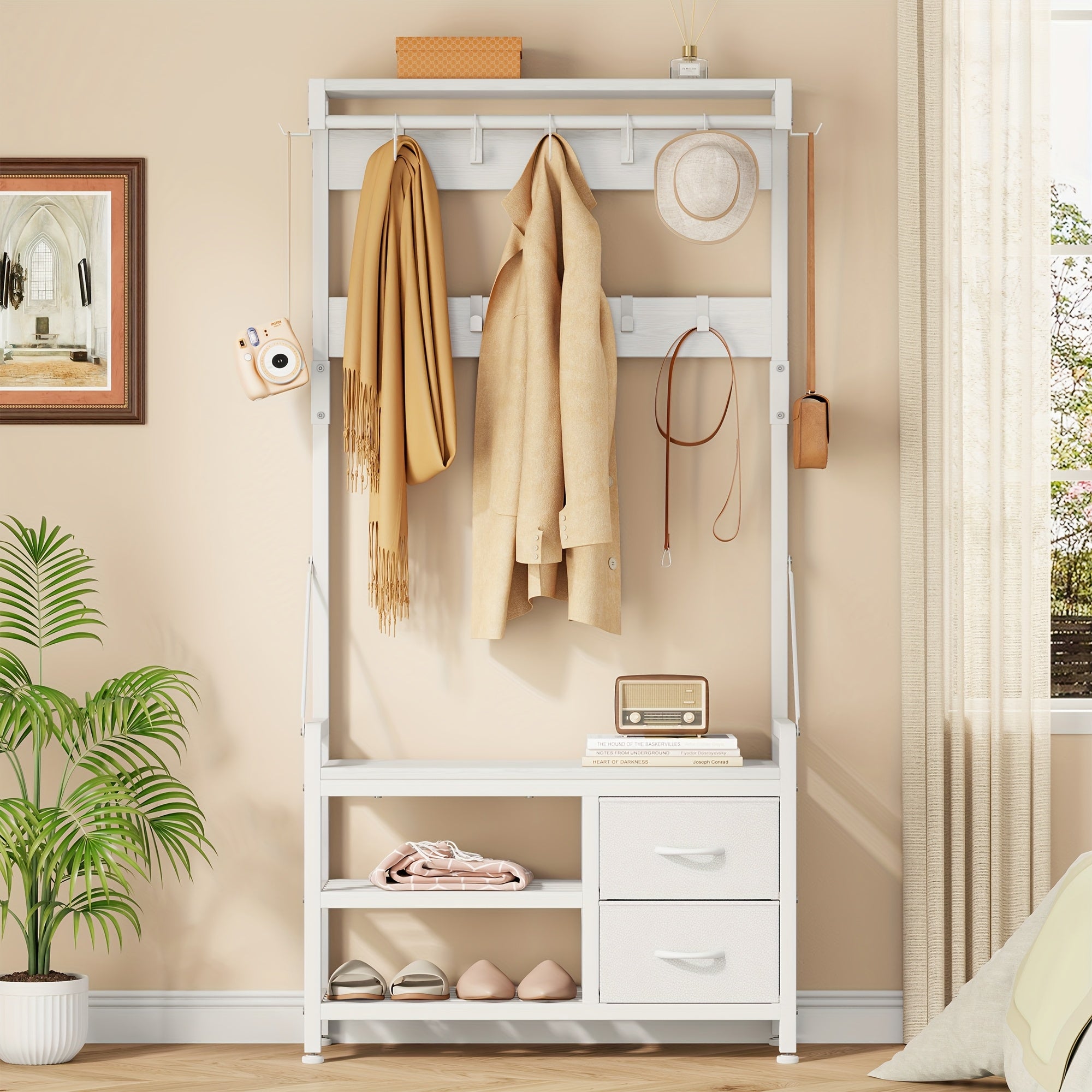 6-In-1 Coat Rack with Entry Bench, Hall Tree with 17 Hooks, 2 Fabric Drawers, Shoe Rack