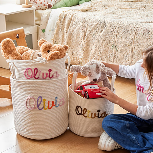 1pc Personalized Name Fabric Storage Basket with Handles - Customizable Round Organizer for Toys