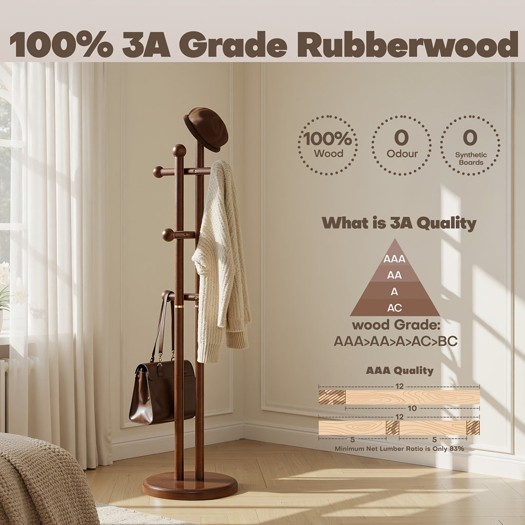 Solid Wood Coat Rack Freestanding | Coat Tree Rack with 2 Main Rods