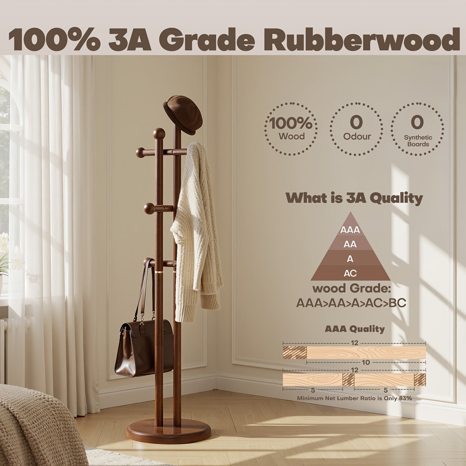 Solid Wood Coat Rack Freestanding | Coat Tree Rack with 2 Main Rods