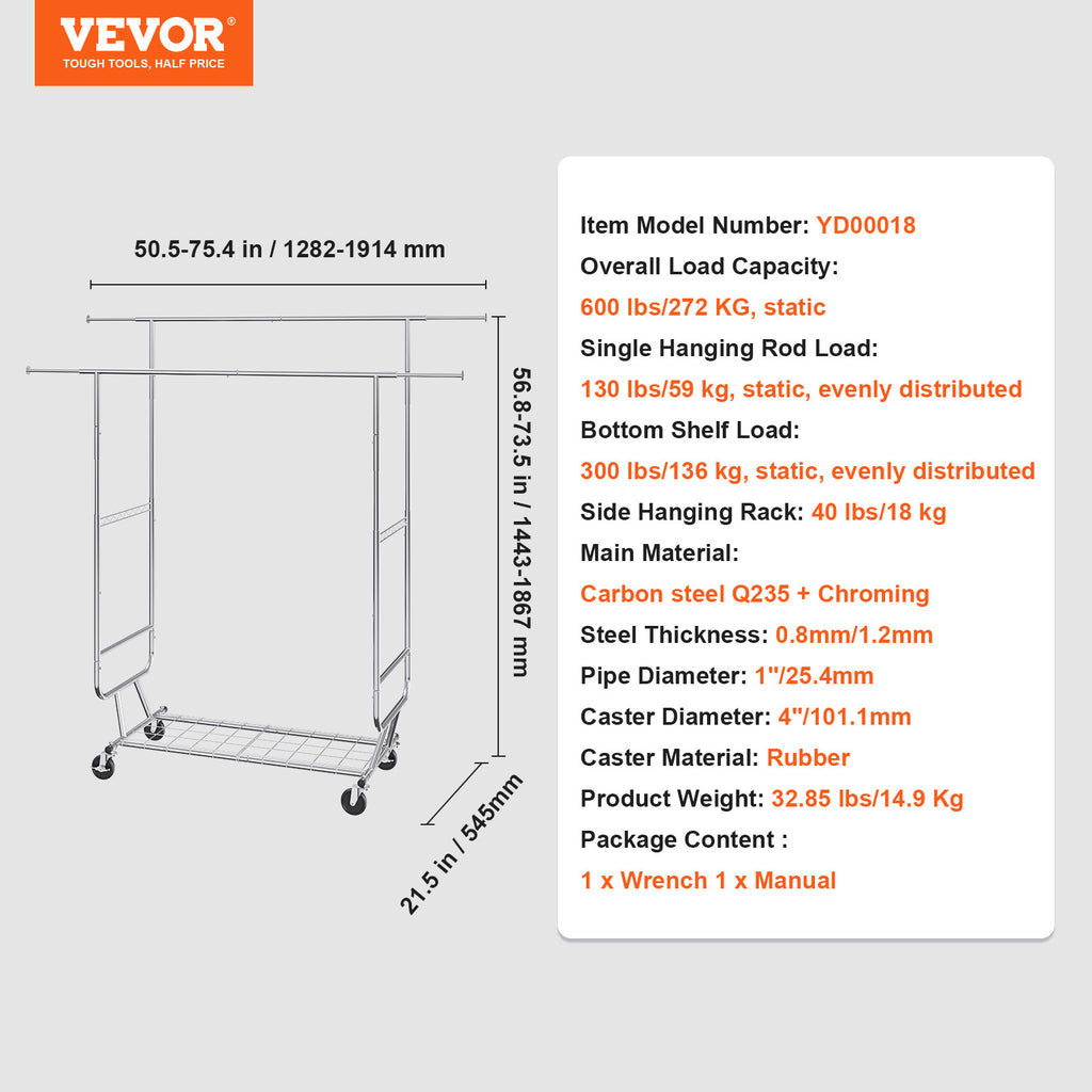 VEVOR Heavy Duty Clothes Rack, Double Hanging Rod Clothing Garment Rack for Hanging Clothes