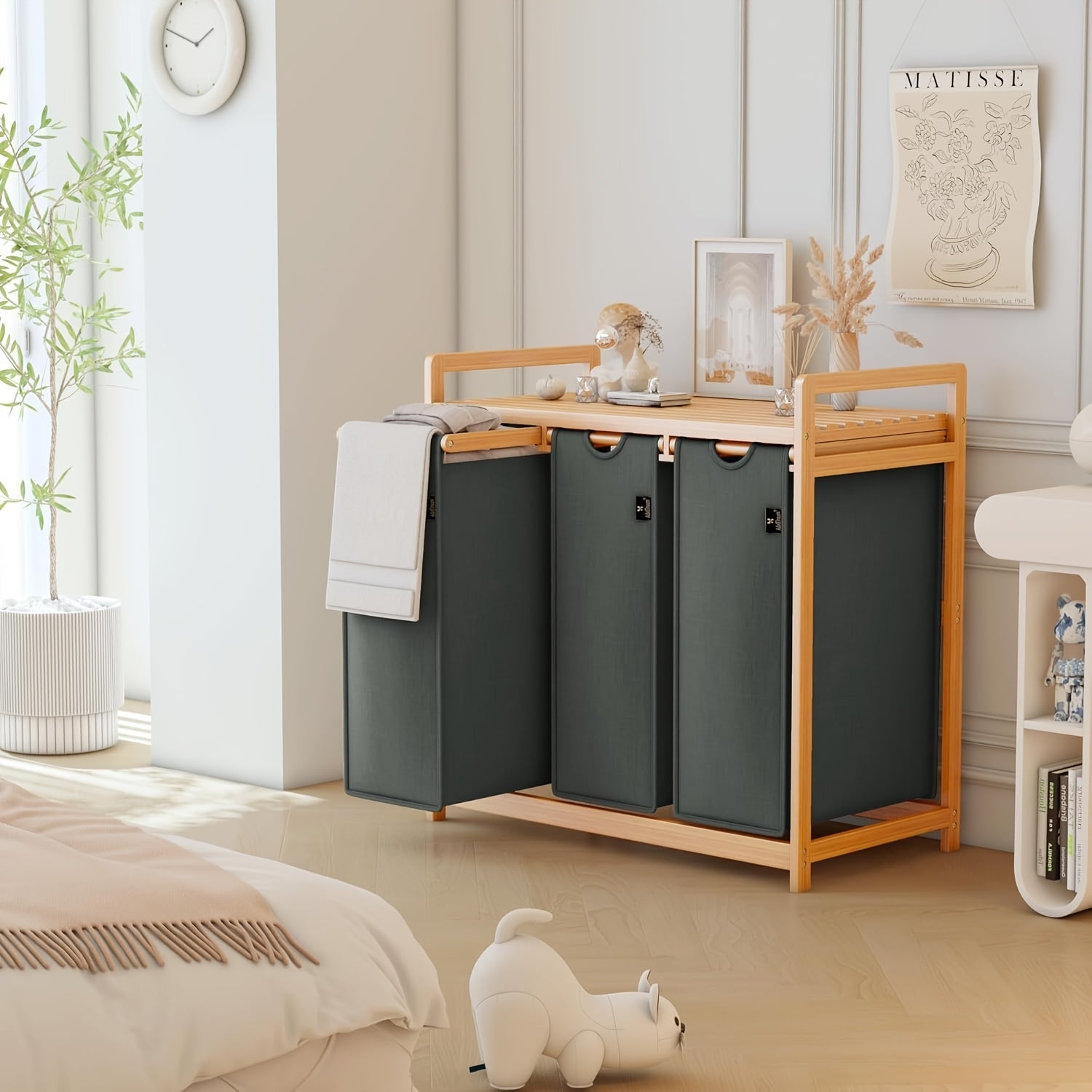 Laundry Baskets, 2 Shelves, Extendable Laundry Bags, Bamboo Laundry Boxes