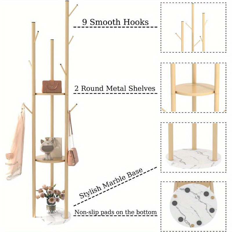 Modern Golden Metal Coat Rack with Marble Base & White Top
