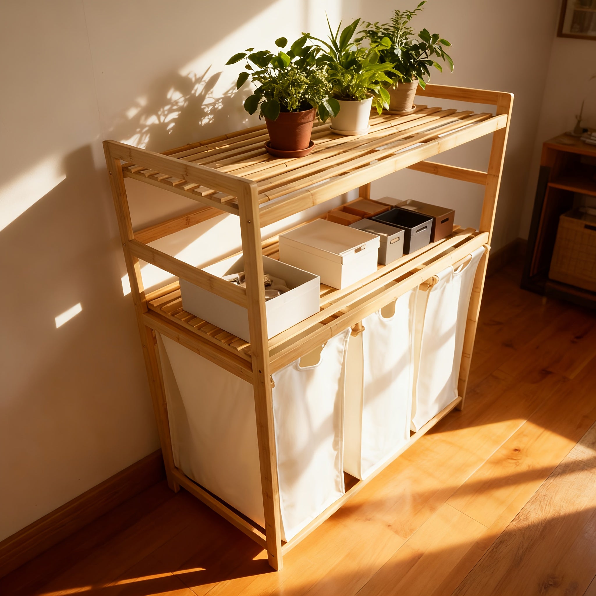 Laundry Baskets, 2 Shelves, Extendable Laundry Bags, Bamboo Laundry Boxes