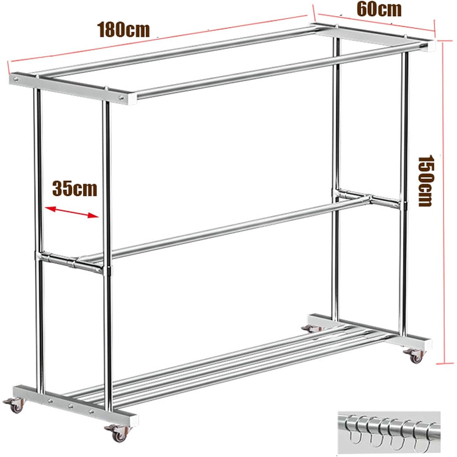 Heavy Duty Stainless Steel Laundry Drying Rack with Casters - Space-Saving Rolling Clothesline Rod