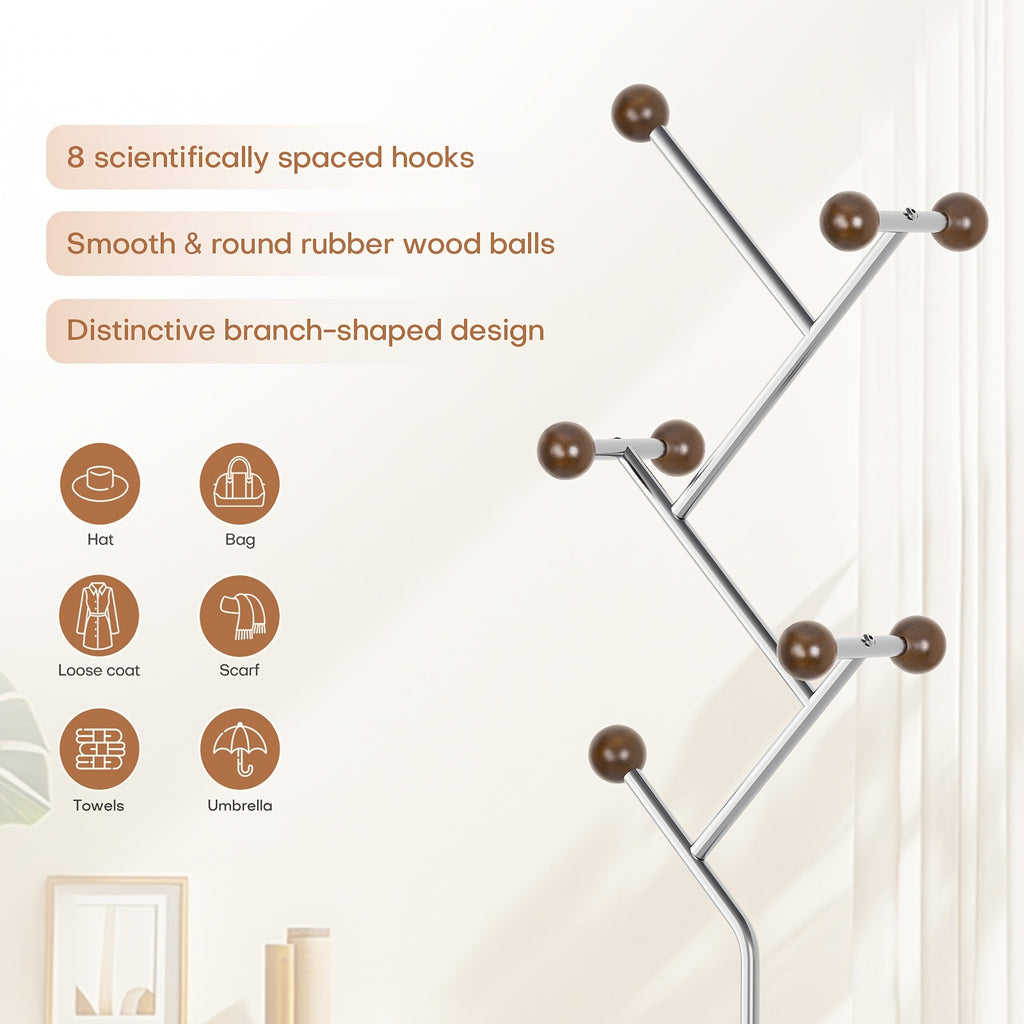 8 Rubber Wood Hooks Freestanding Metal Coat Rack
