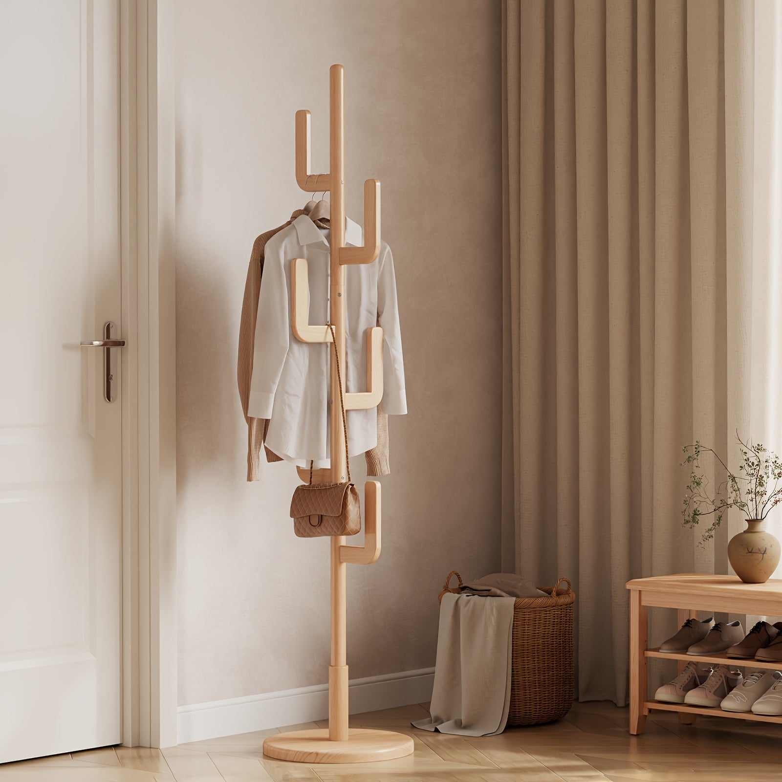KASLANDI Solid Wood Cactus Coat Rack, Classic with Grid Shelf And 1.59 gal-shaped Hooks