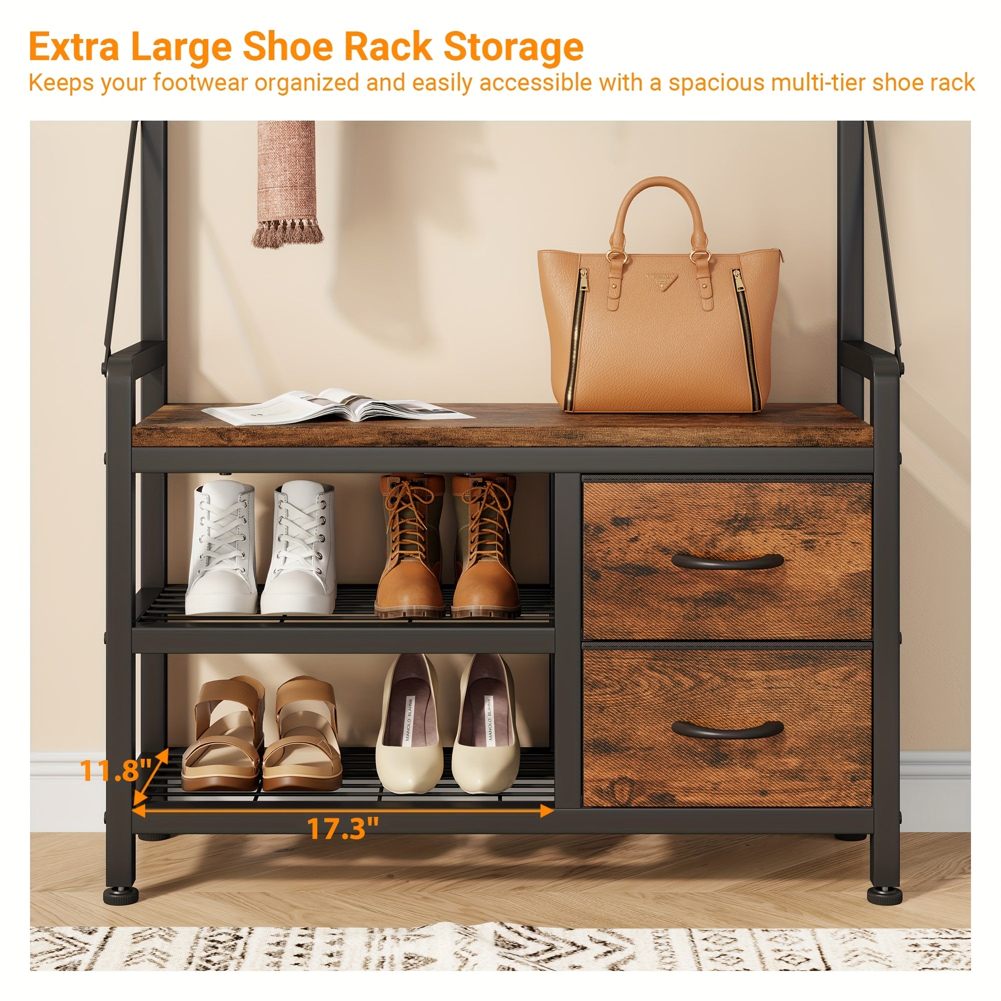 6-In-1 Coat Rack with Entry Bench, Hall Tree with 17 Hooks, 2 Fabric Drawers, Shoe Rack
