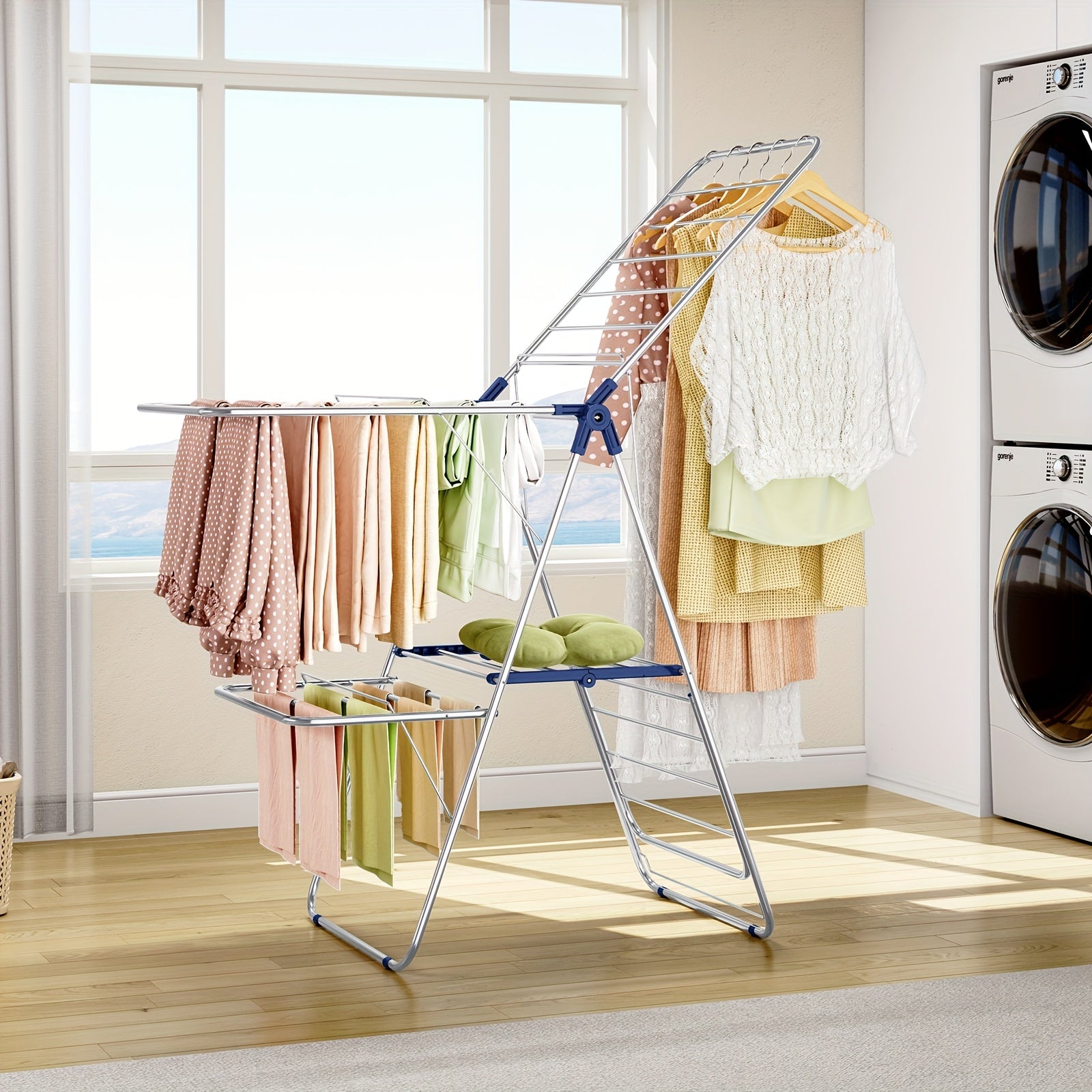 TOOLF Heavy-Duty Foldable Clothes Drying Rack with Adjustable Height