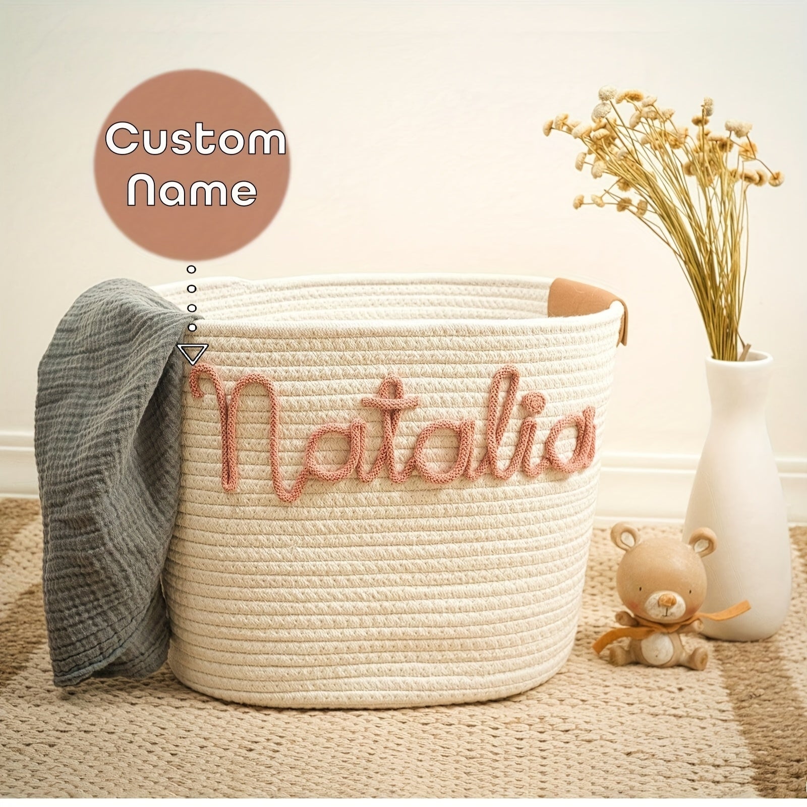 Customizable Basket Personalized Decorative Woven Storage Basket with Rope Handles