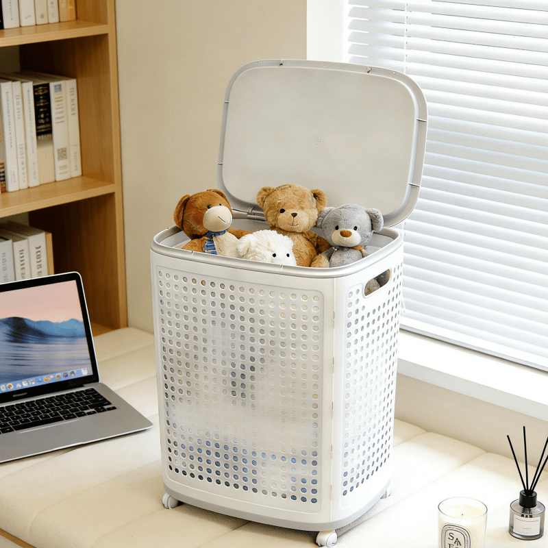 Rolling Laundry Basket with Lid | Plastic, Ventilated Side for Clothes, Towels