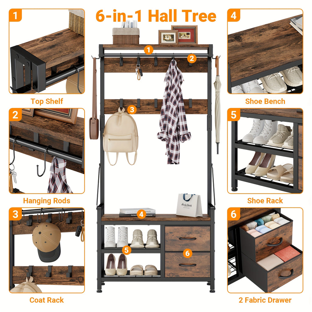 6-In-1 Coat Rack with Entry Bench, Hall Tree with 17 Hooks, 2 Fabric Drawers, Shoe Rack