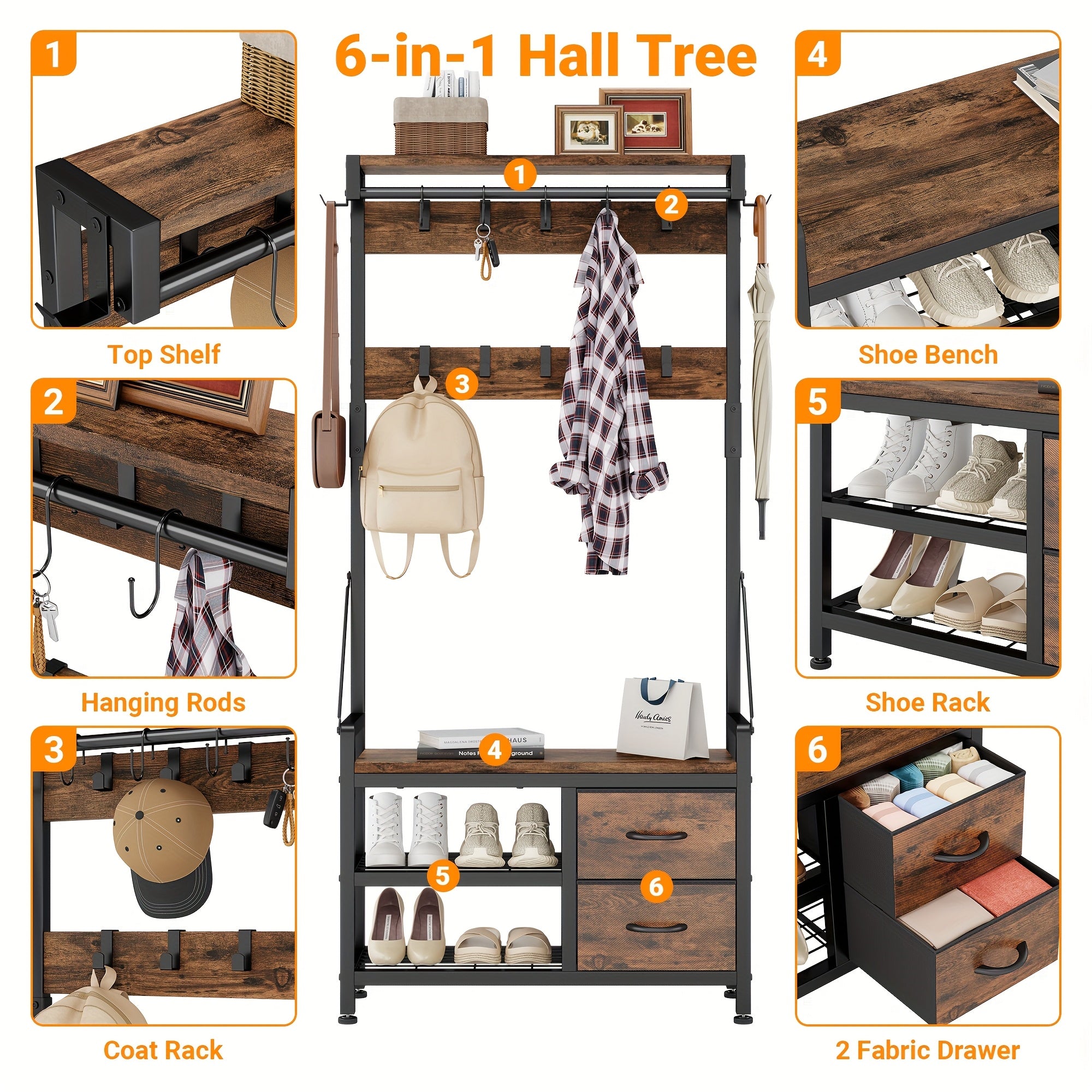 6-In-1 Coat Rack with Entry Bench, Hall Tree with 17 Hooks, 2 Fabric Drawers, Shoe Rack