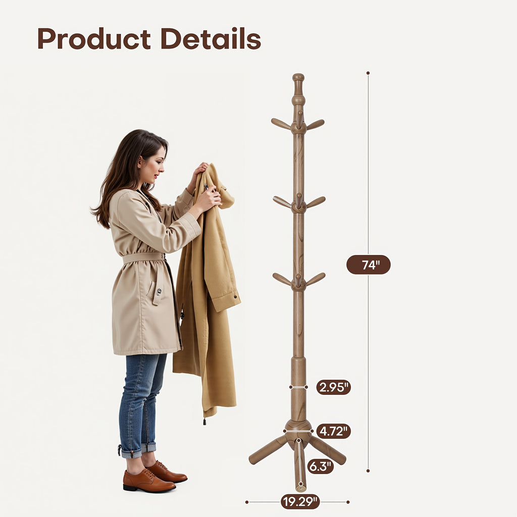 Heavy-Duty Freestanding Coat Rack Stand with 9 Hooks - Adjustable Height (Up to 27\
