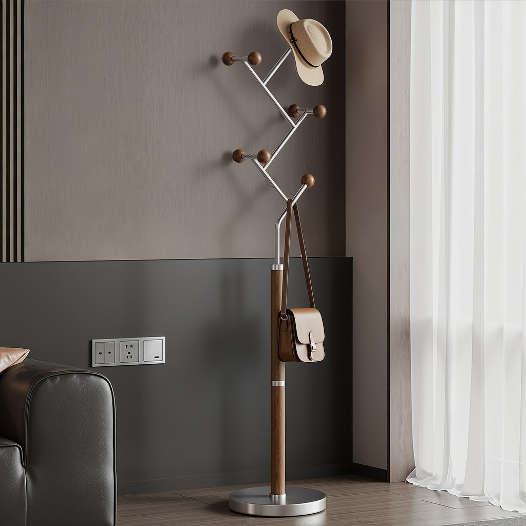 8 Rubber Wood Hooks Freestanding Metal Coat Rack