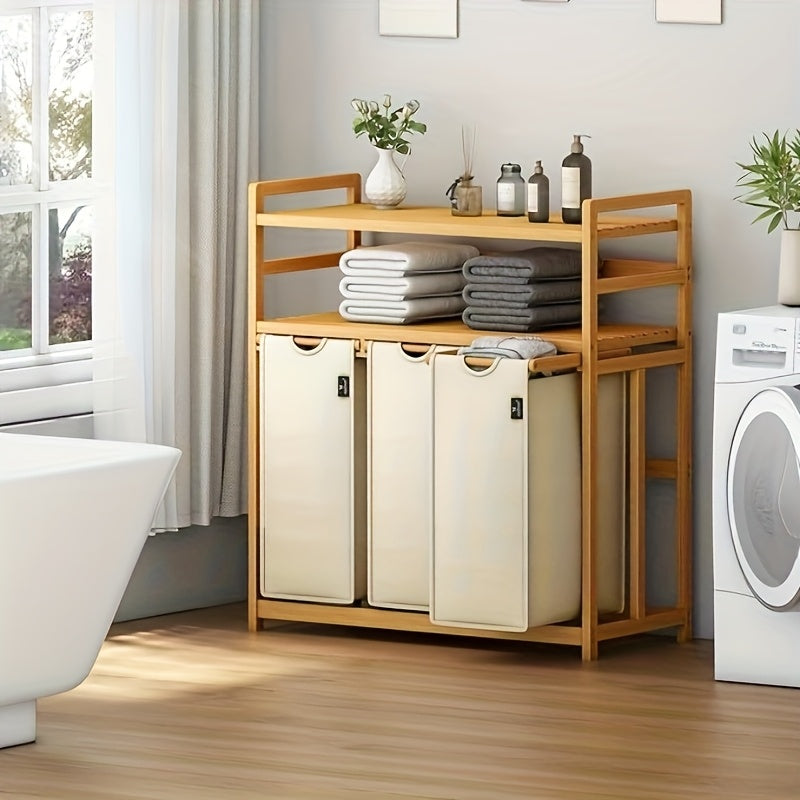 Laundry Baskets, 2 Shelves, Extendable Laundry Bags, Bamboo Laundry Boxes