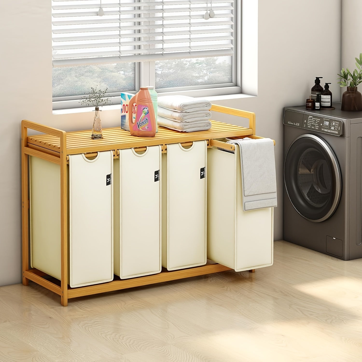 Laundry Baskets, 2 Shelves, Extendable Laundry Bags, Bamboo Laundry Boxes