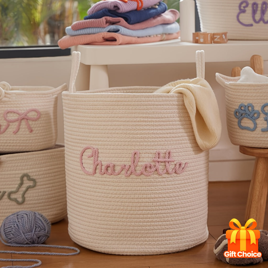 1pc Personalized Name Fabric Storage Basket with Handles - Customizable Round Organizer for Toys