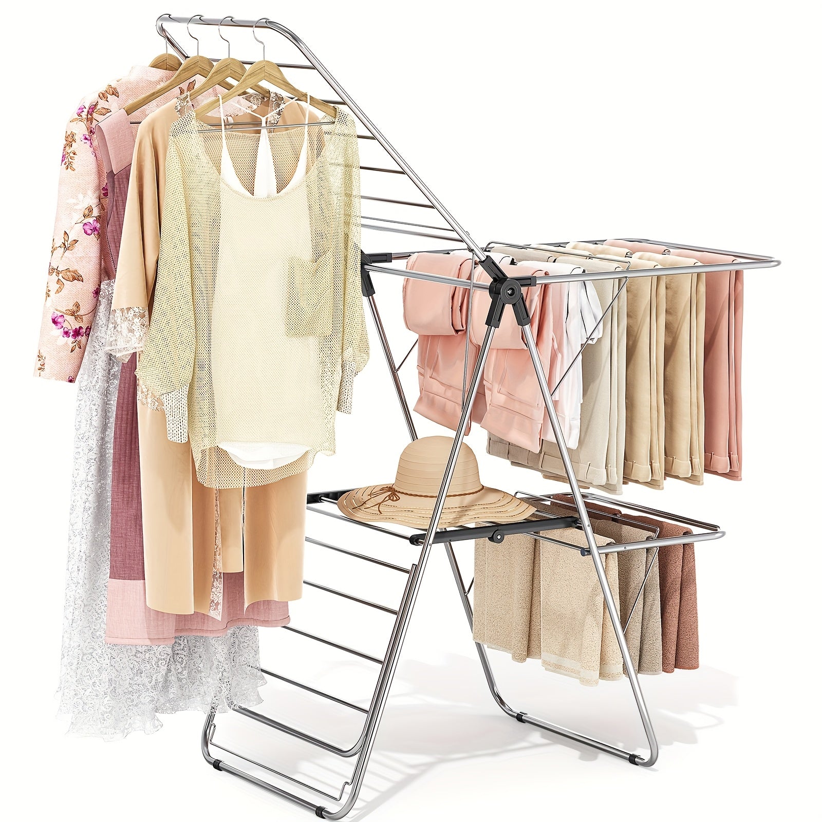 TOOLF Heavy-Duty Foldable Clothes Drying Rack with Adjustable Height