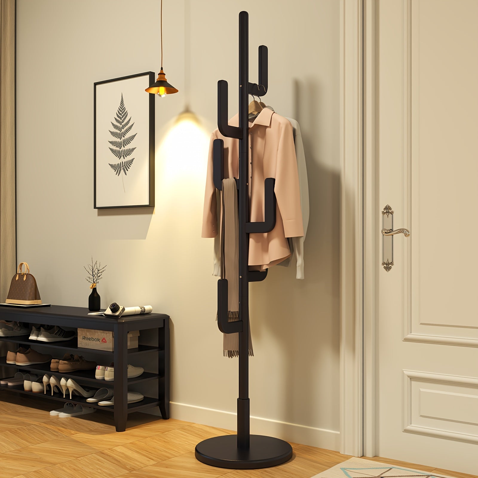 KASLANDI Solid Wood Cactus Coat Rack, Classic with Grid Shelf And 1.59 gal-shaped Hooks