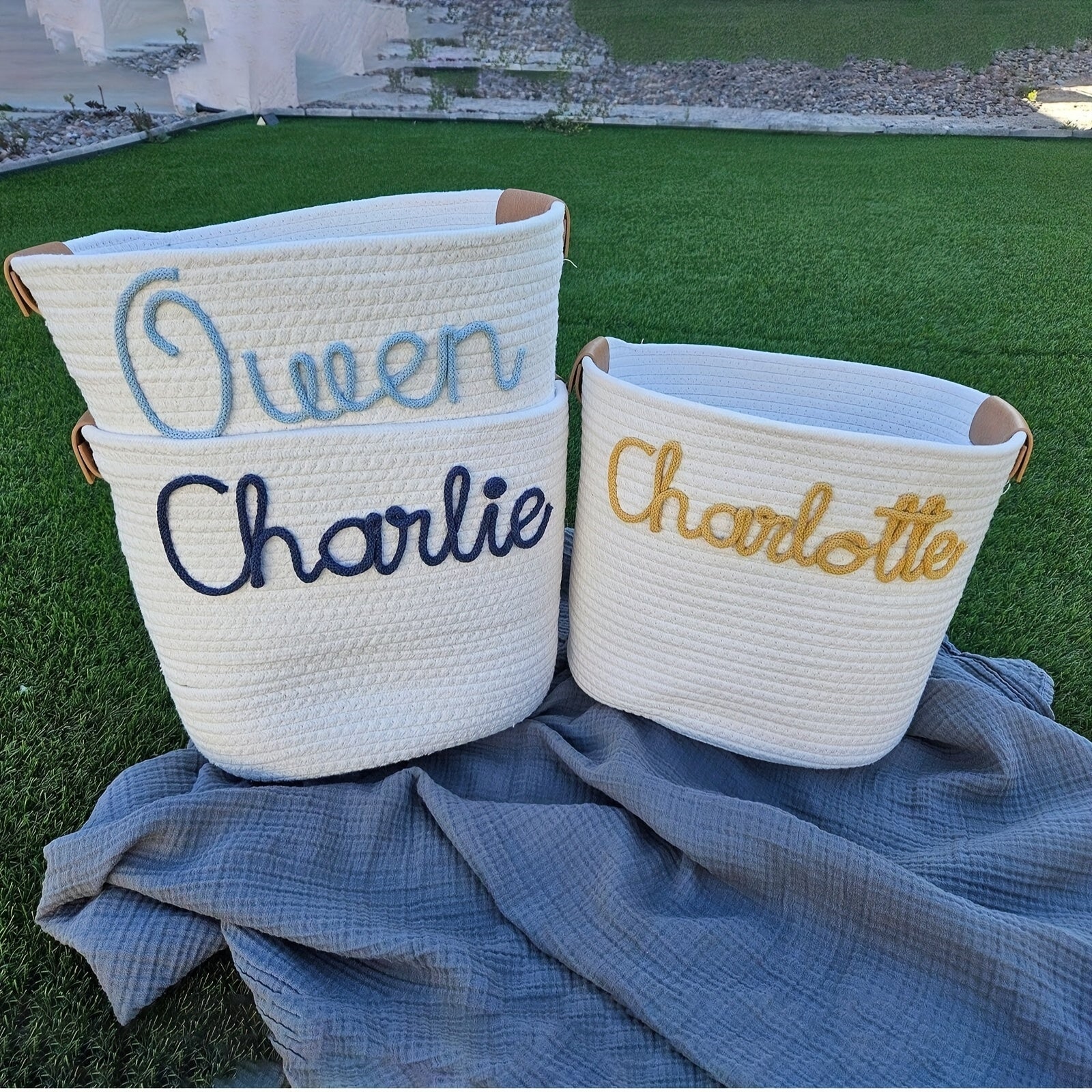 Customizable Basket Personalized Decorative Woven Storage Basket with Rope Handles