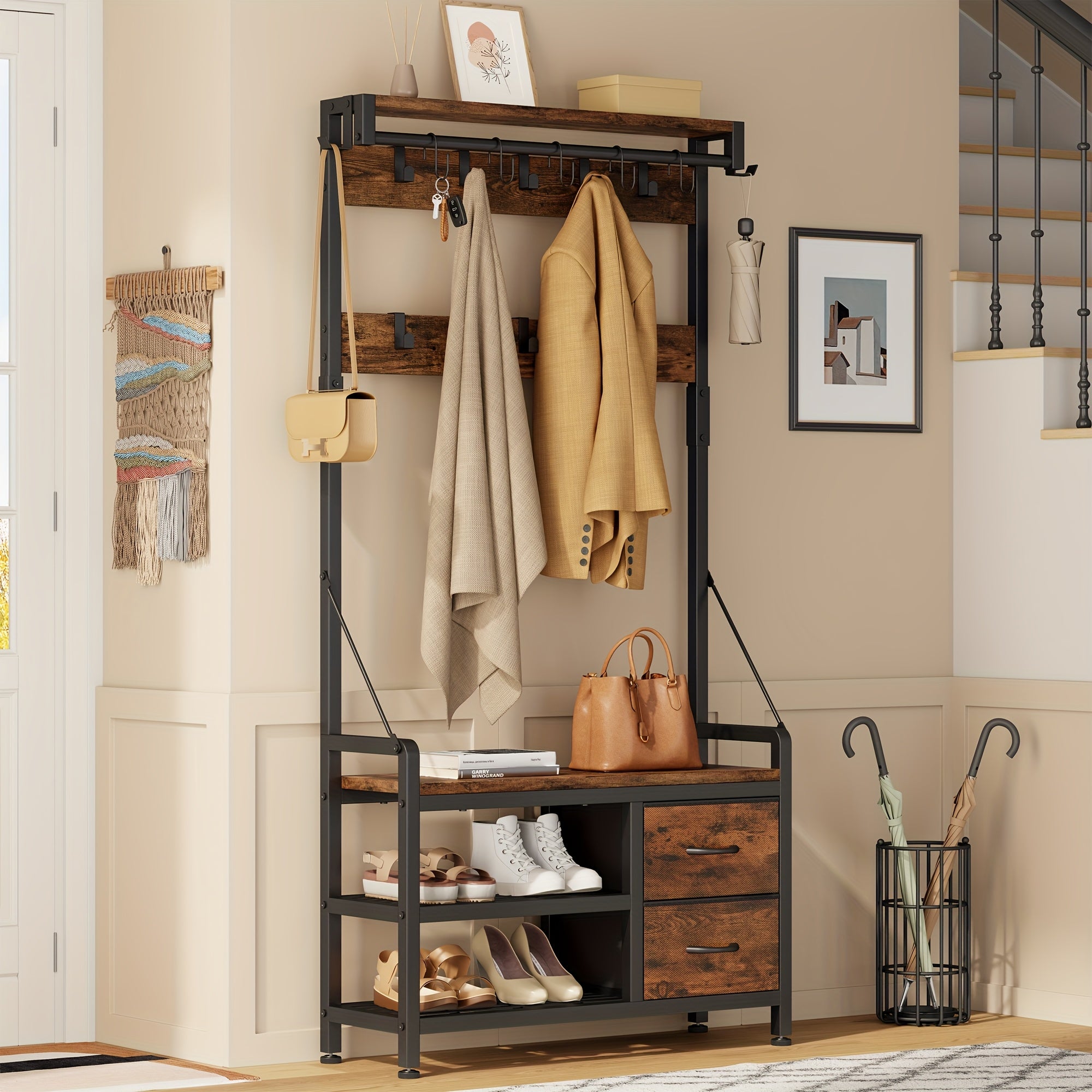 6-In-1 Coat Rack with Entry Bench, Hall Tree with 17 Hooks, 2 Fabric Drawers, Shoe Rack