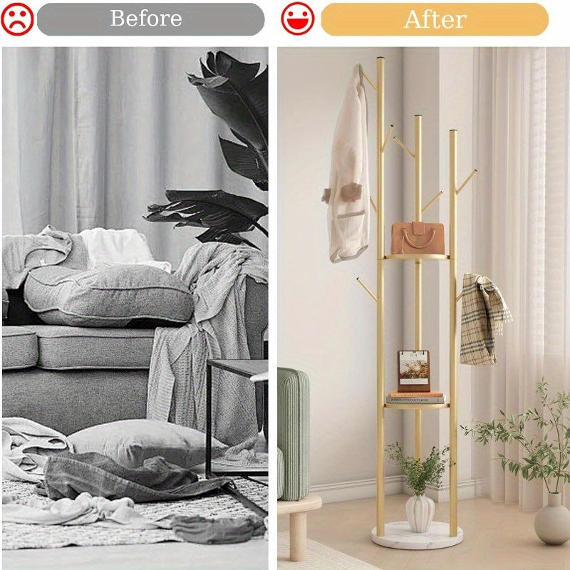 Modern Golden Metal Coat Rack with Marble Base & White Top