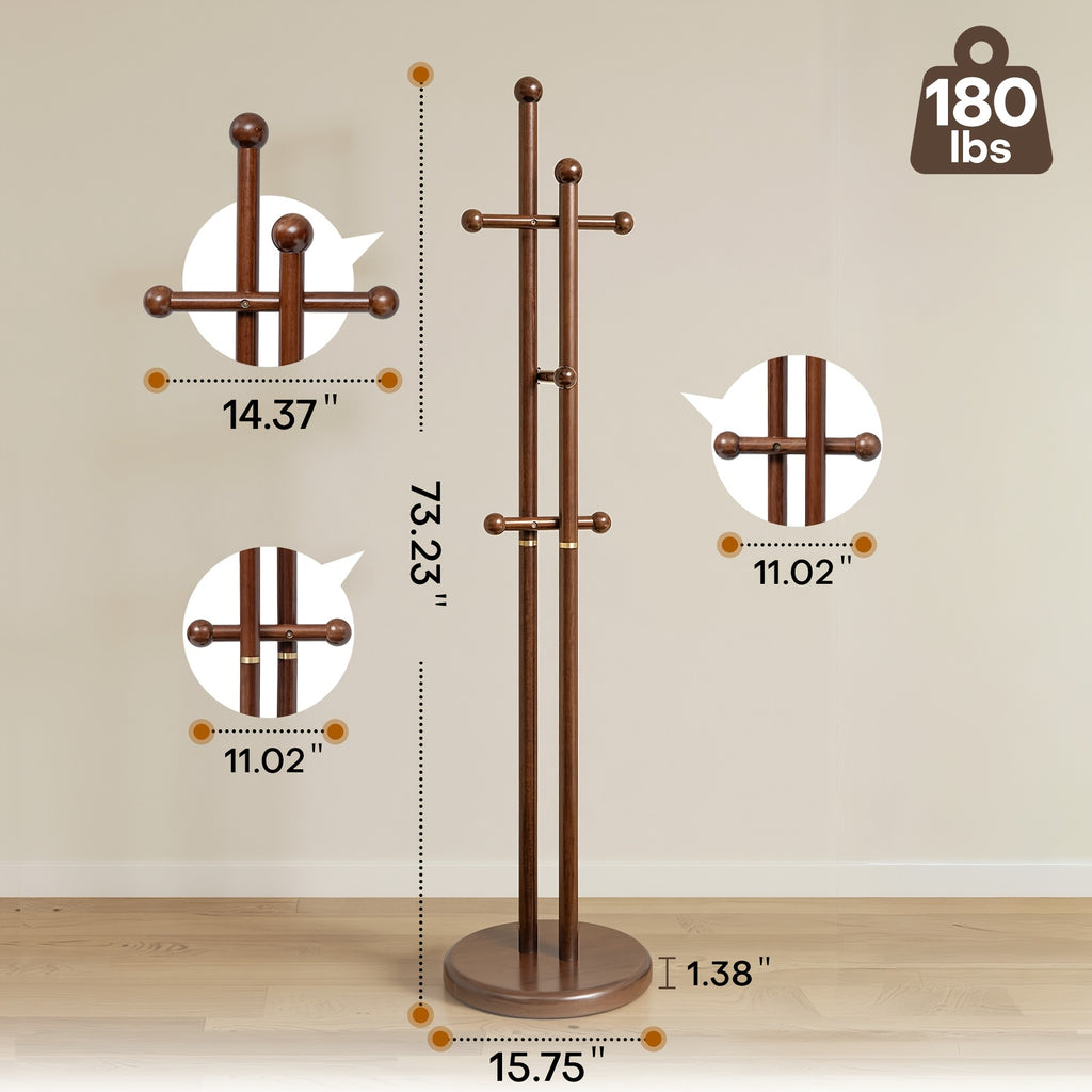 Solid Wood Coat Rack Freestanding | Coat Tree Rack with 2 Main Rods