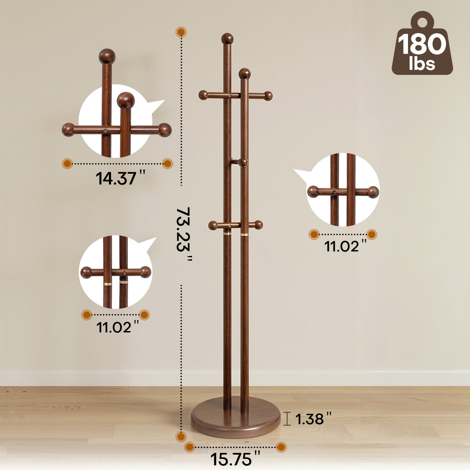 Solid Wood Coat Rack Freestanding | Coat Tree Rack with 2 Main Rods