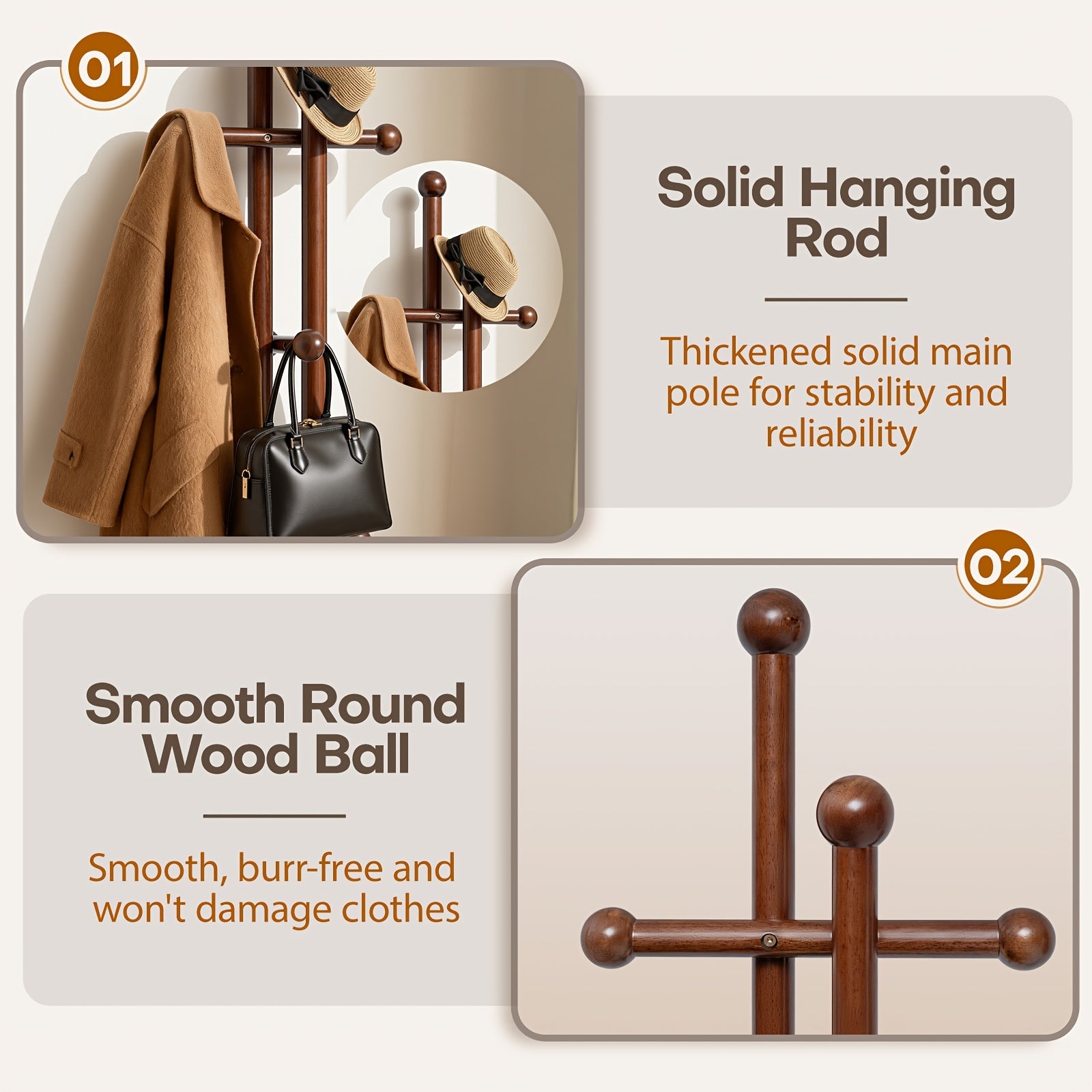 Solid Wood Coat Rack Freestanding | Coat Tree Rack with 2 Main Rods