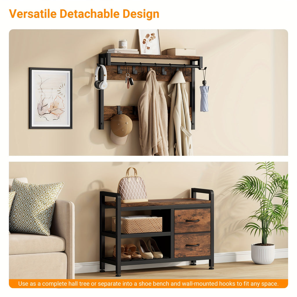 6-In-1 Coat Rack with Entry Bench, Hall Tree with 17 Hooks, 2 Fabric Drawers, Shoe Rack