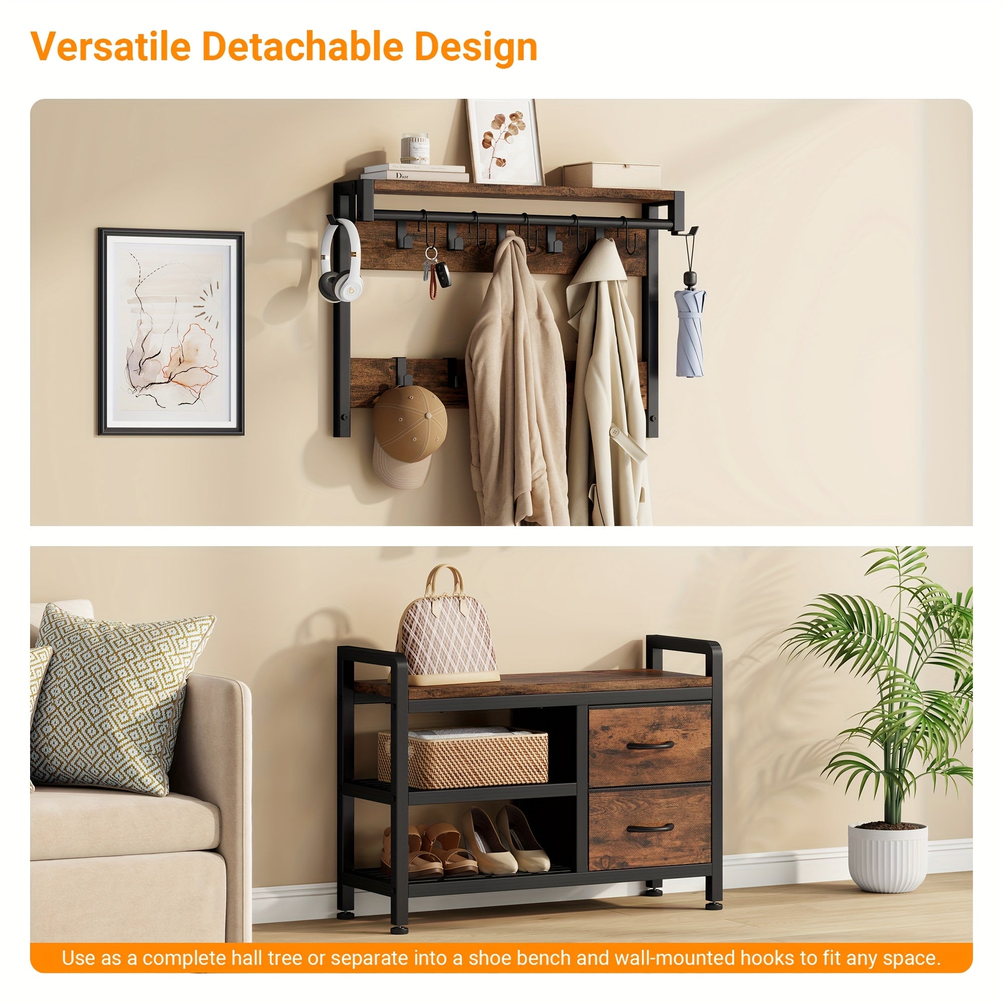 6-In-1 Coat Rack with Entry Bench, Hall Tree with 17 Hooks, 2 Fabric Drawers, Shoe Rack
