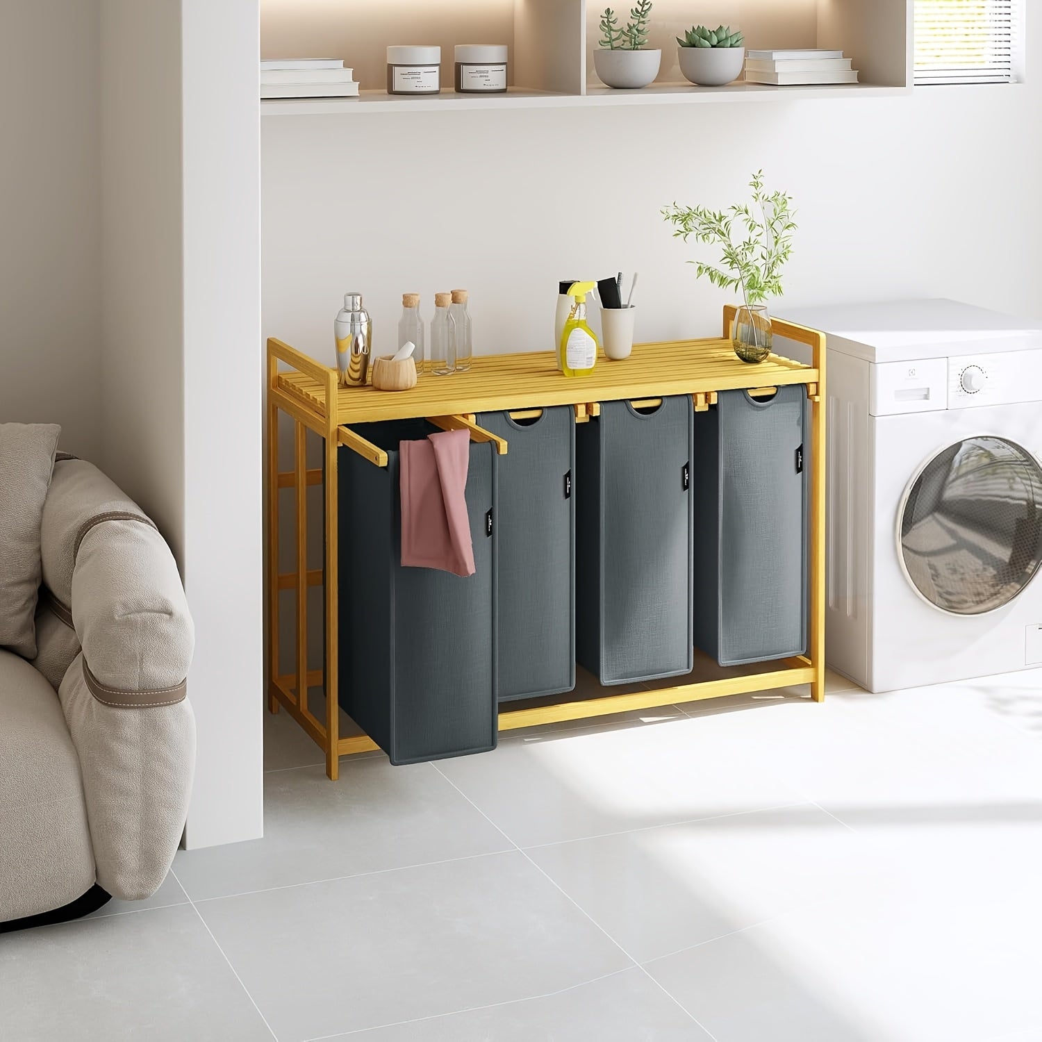 Laundry Baskets, 2 Shelves, Extendable Laundry Bags, Bamboo Laundry Boxes