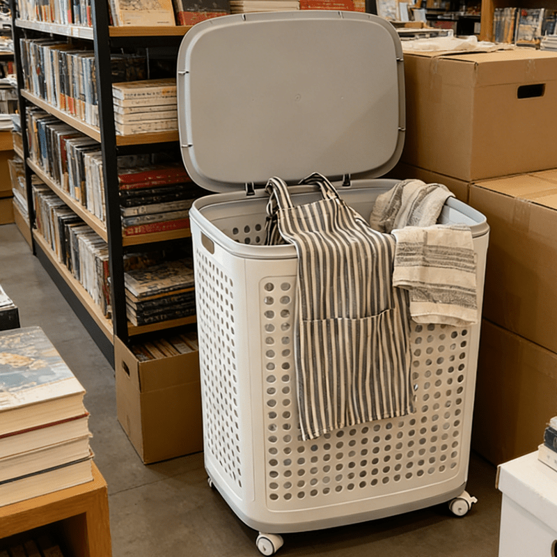 Rolling Laundry Basket with Lid | Plastic, Ventilated Side for Clothes, Towels