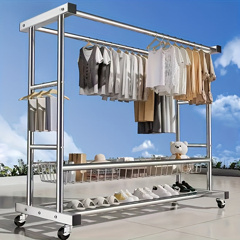 Heavy Duty Stainless Steel Laundry Drying Rack with Casters - Space-Saving Rolling Clothesline Rod