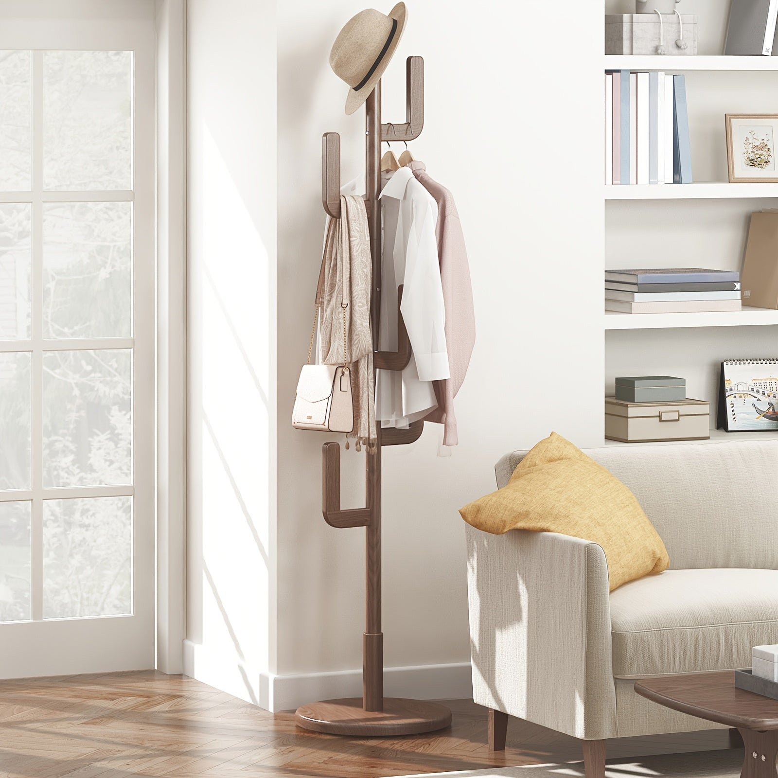 Solid Wood Cactus Coat Rack Stand | Freestanding Coat Rack with 1.59 gal-shaped Hooks