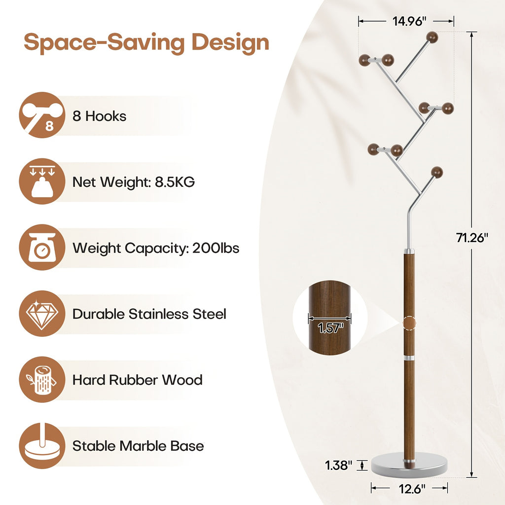 8 Rubber Wood Hooks Freestanding Metal Coat Rack