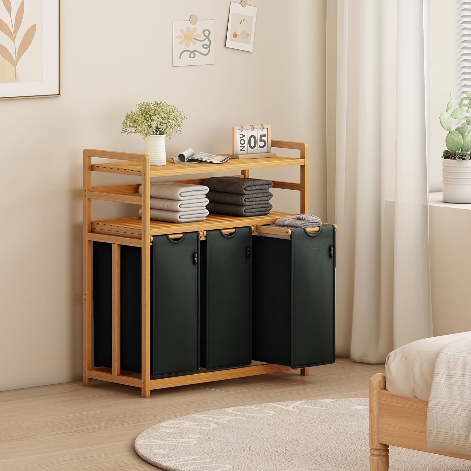 Laundry Baskets, 2 Shelves, Extendable Laundry Bags, Bamboo Laundry Boxes