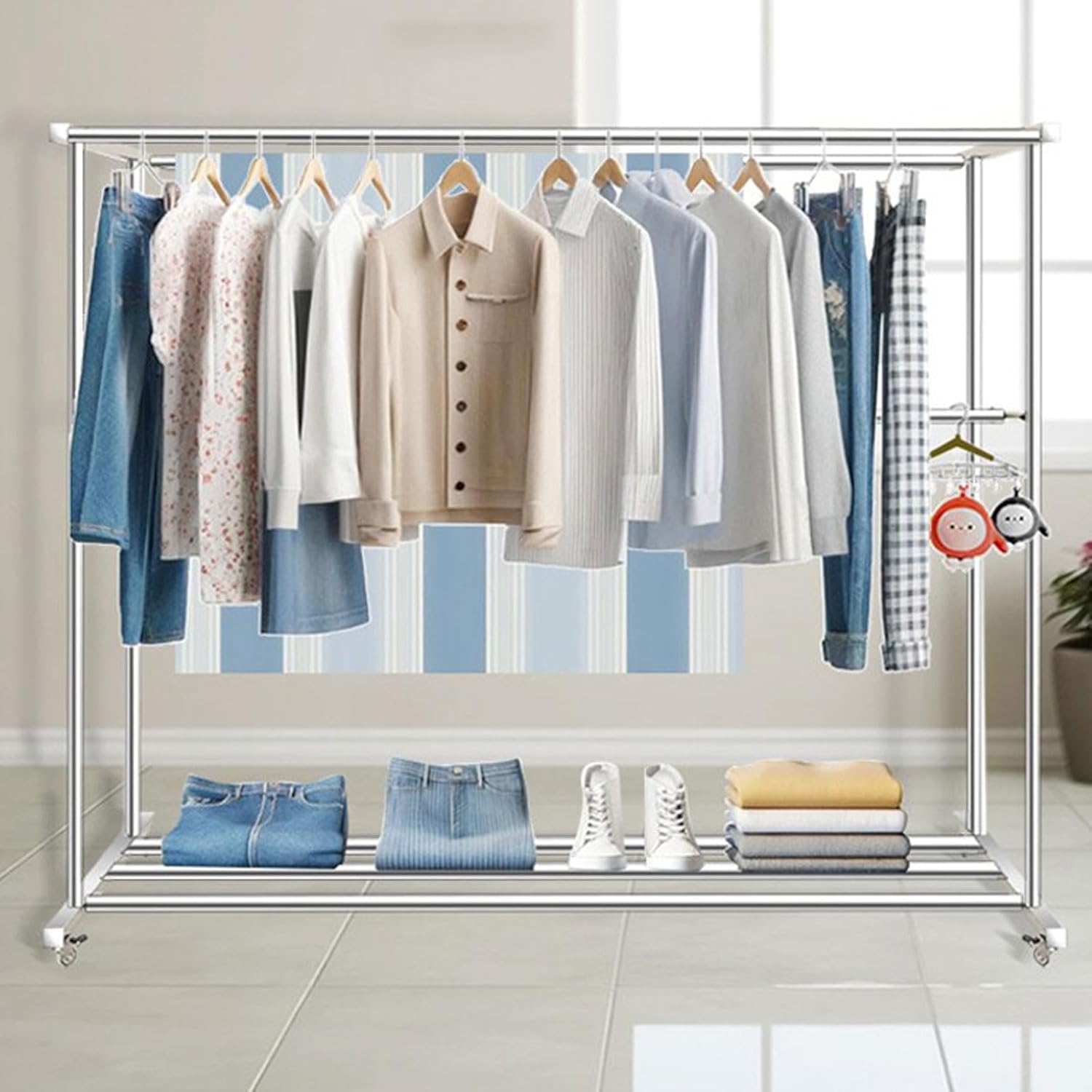 Heavy Duty Stainless Steel Laundry Drying Rack with Casters - Space-Saving Rolling Clothesline Rod