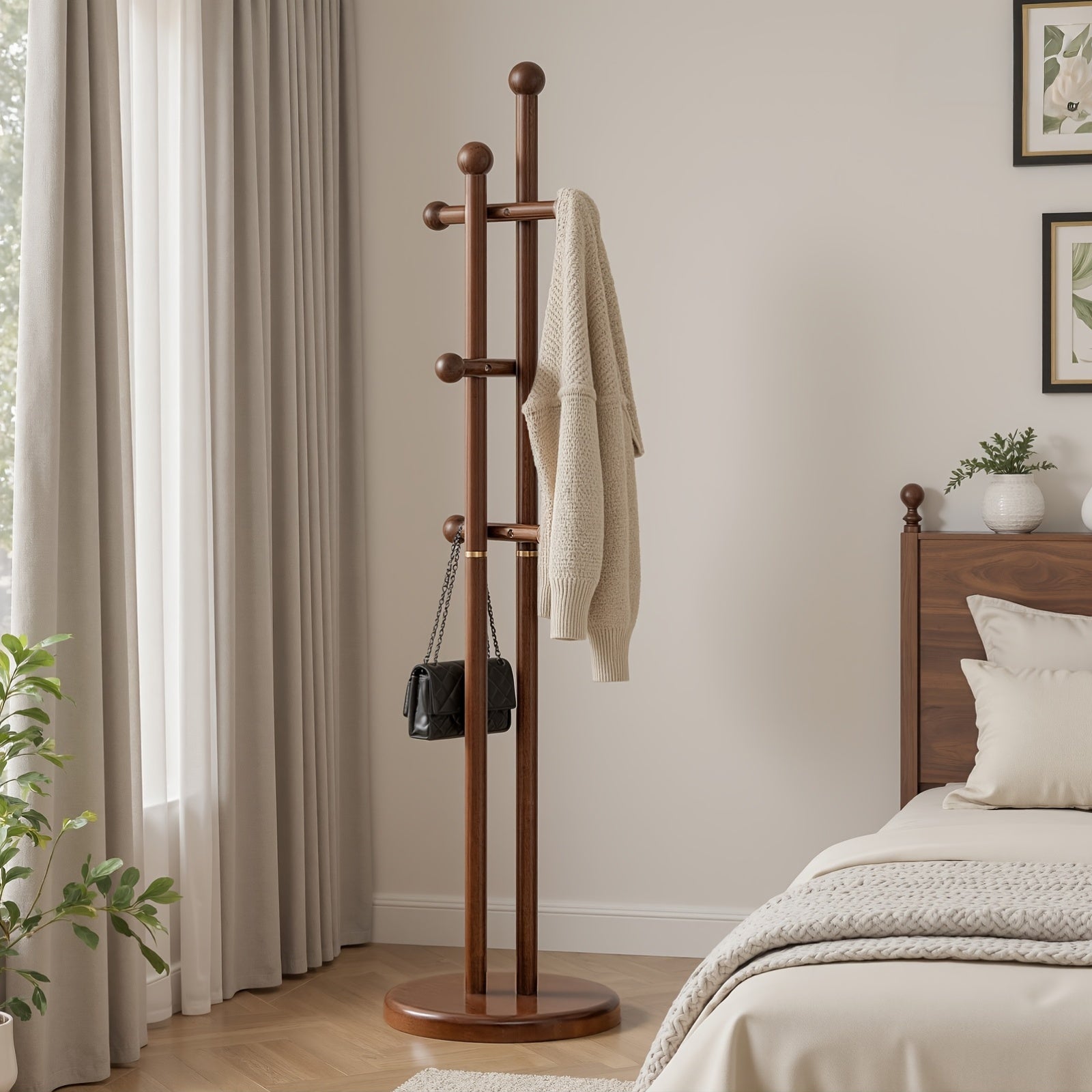 Solid Wood Coat Rack Freestanding | Coat Tree Rack with 2 Main Rods