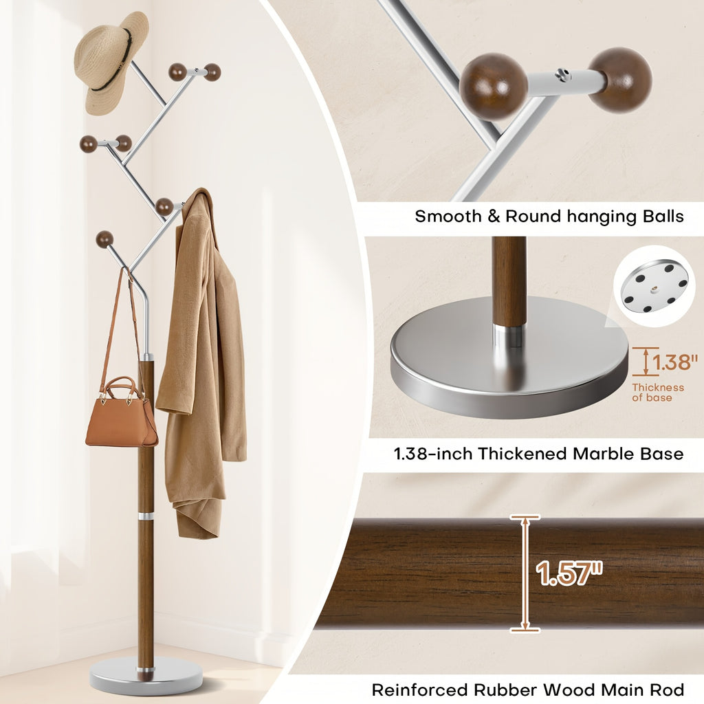8 Rubber Wood Hooks Freestanding Metal Coat Rack