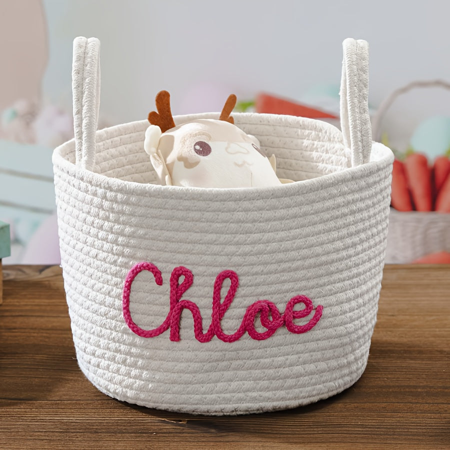 1pc Personalized Name Fabric Storage Basket with Handles - Customizable Round Organizer for Toys