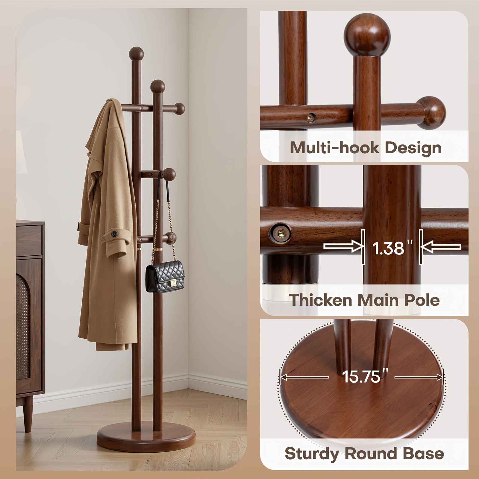 Solid Wood Coat Rack Freestanding | Coat Tree Rack with 2 Main Rods