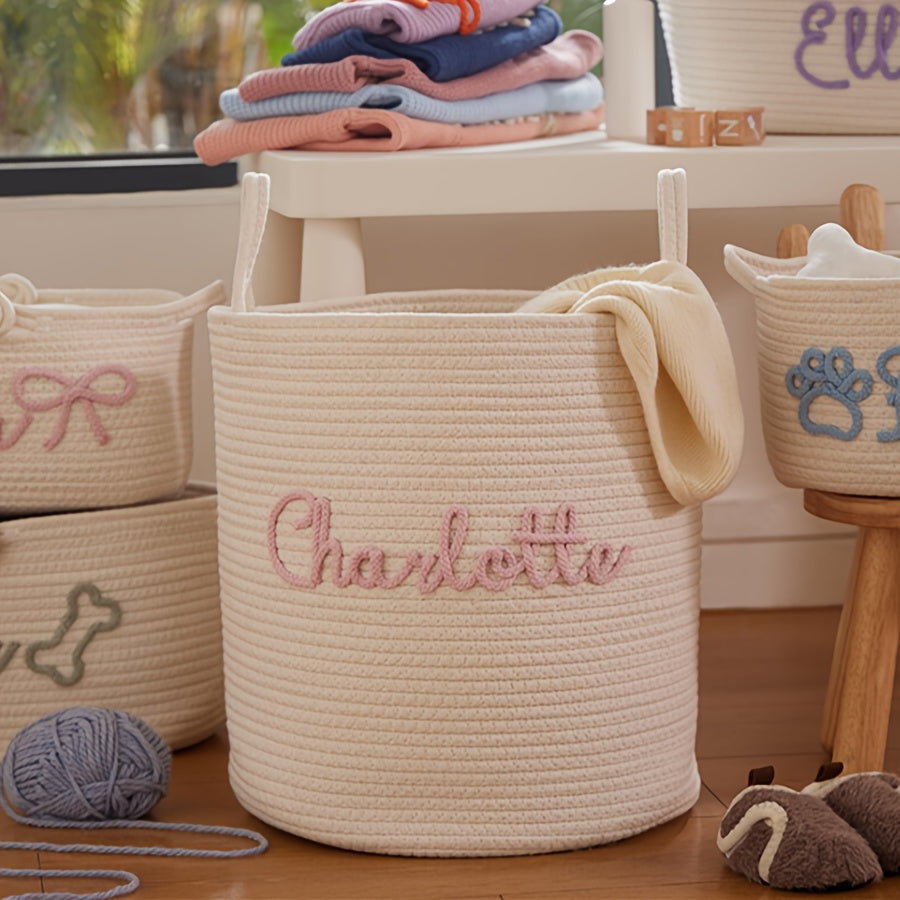 1pc Personalized Name Fabric Storage Basket with Handles - Customizable Round Organizer for Toys