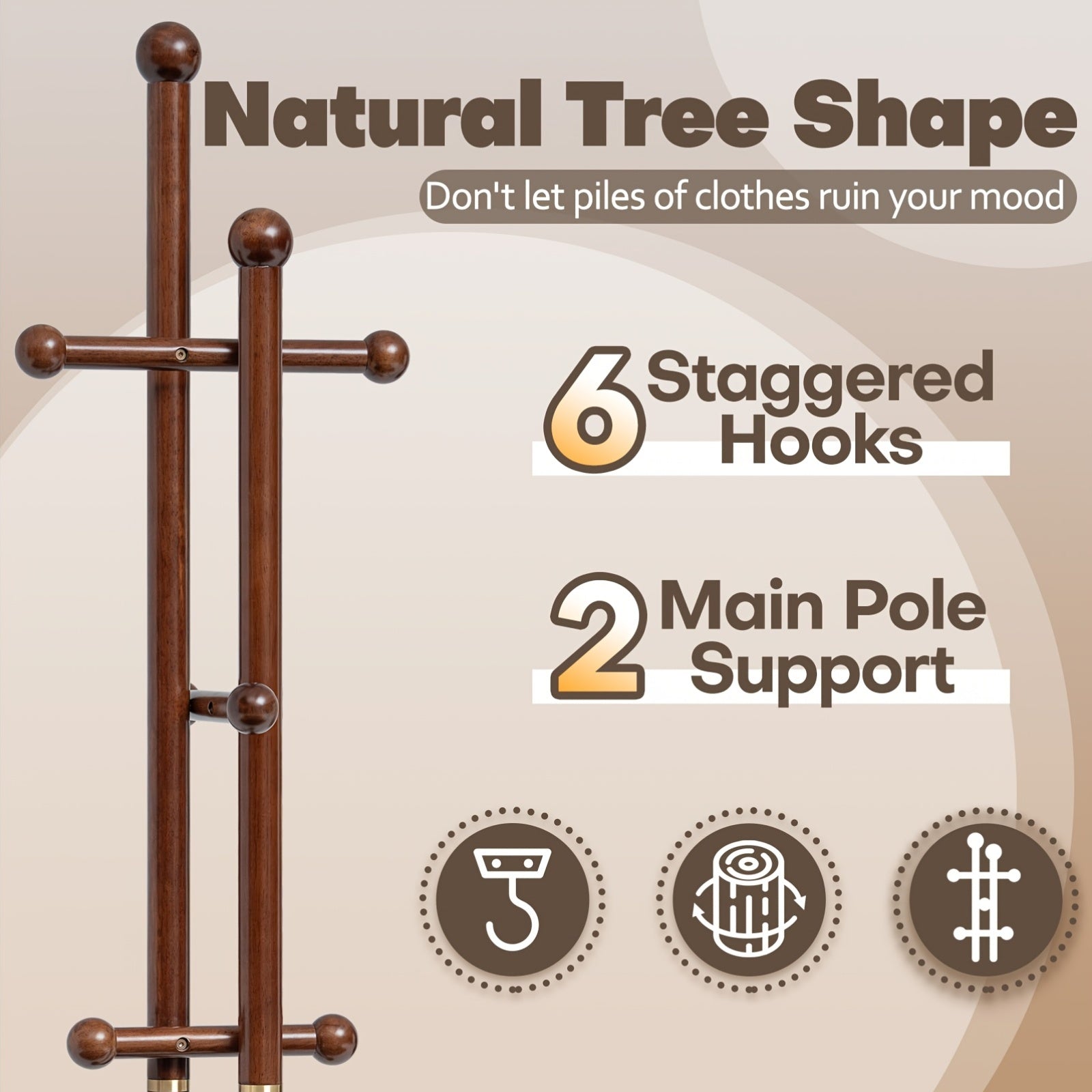 Solid Wood Coat Rack Freestanding | Coat Tree Rack with 2 Main Rods