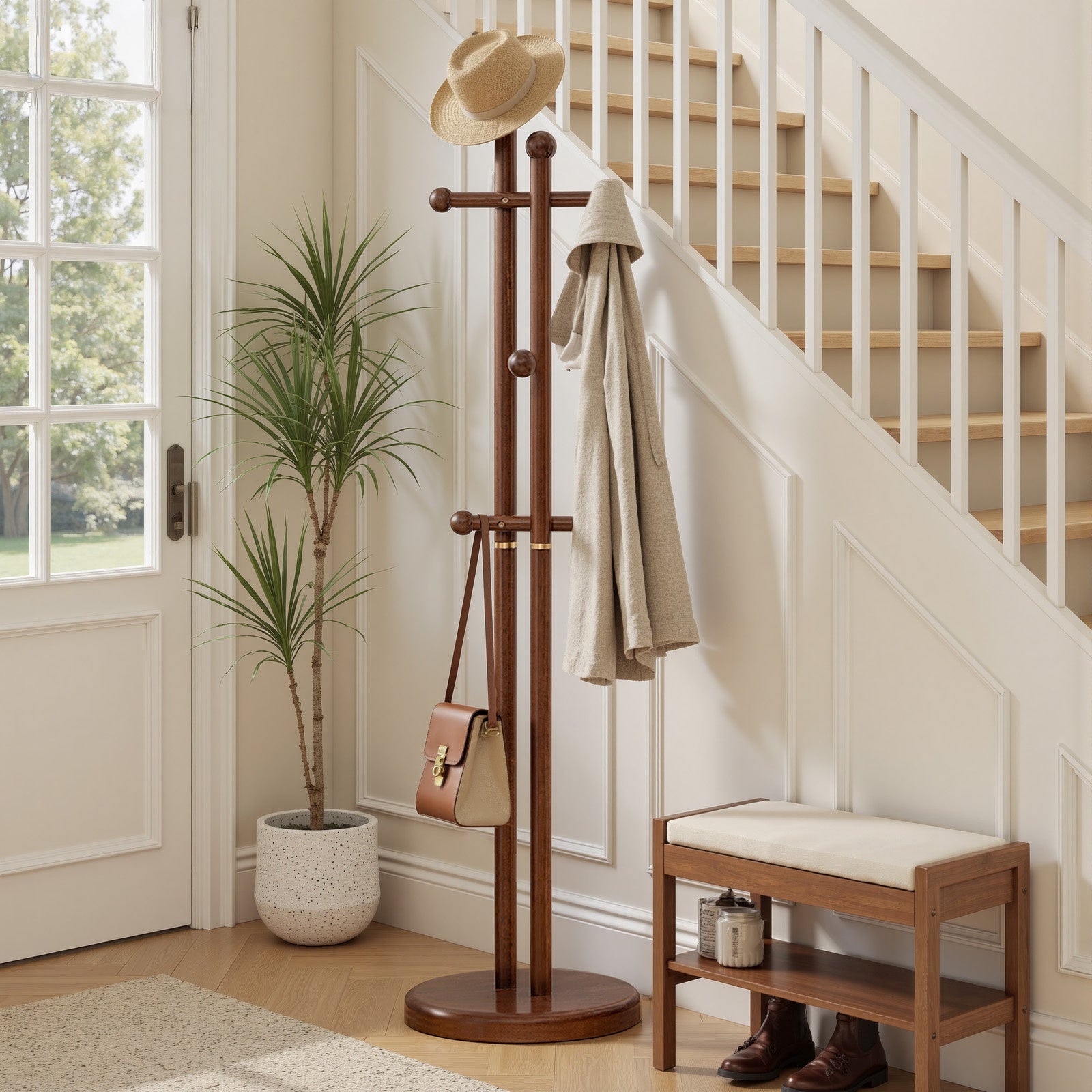 Solid Wood Coat Rack Freestanding | Coat Tree Rack with 2 Main Rods